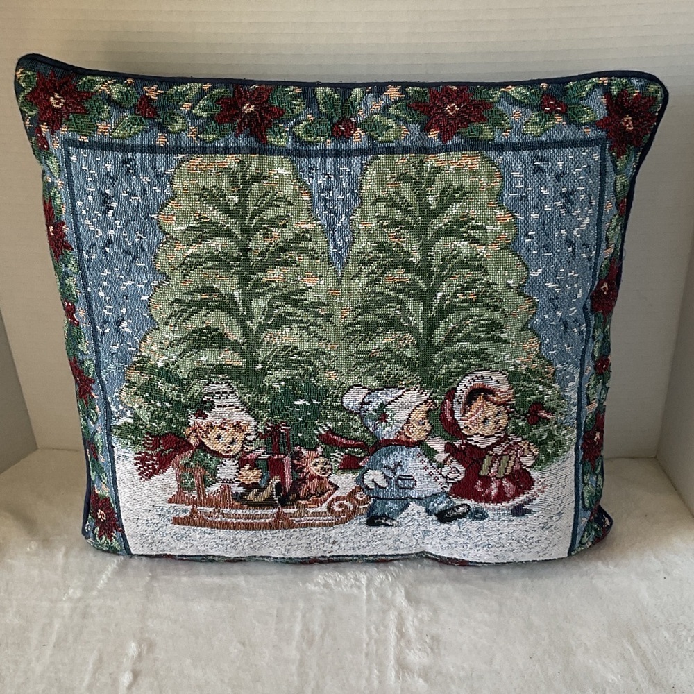 Festive Holiday Tapestry Pillow with Children and Trees